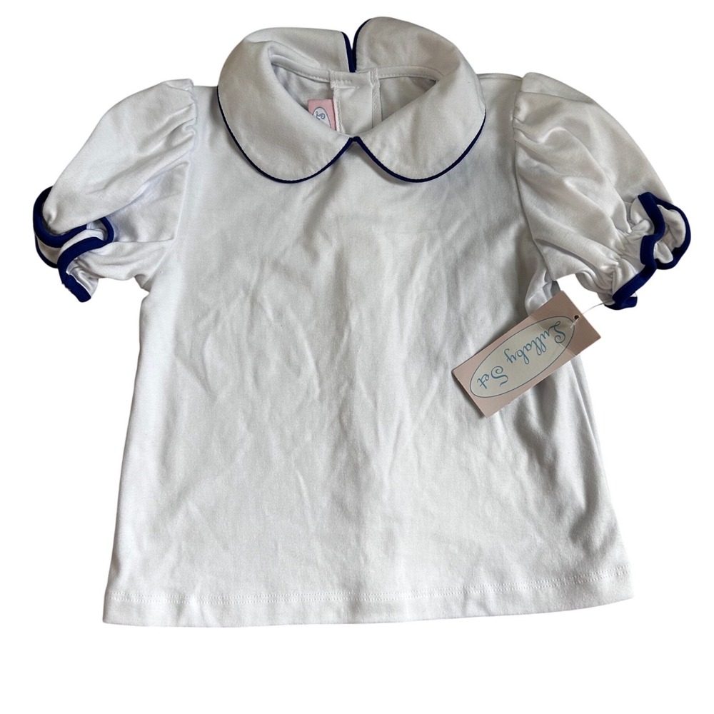 Lullaby Set Girls White Knit Blouse Peter Pan Collar Navy Piping Size 5 NWT